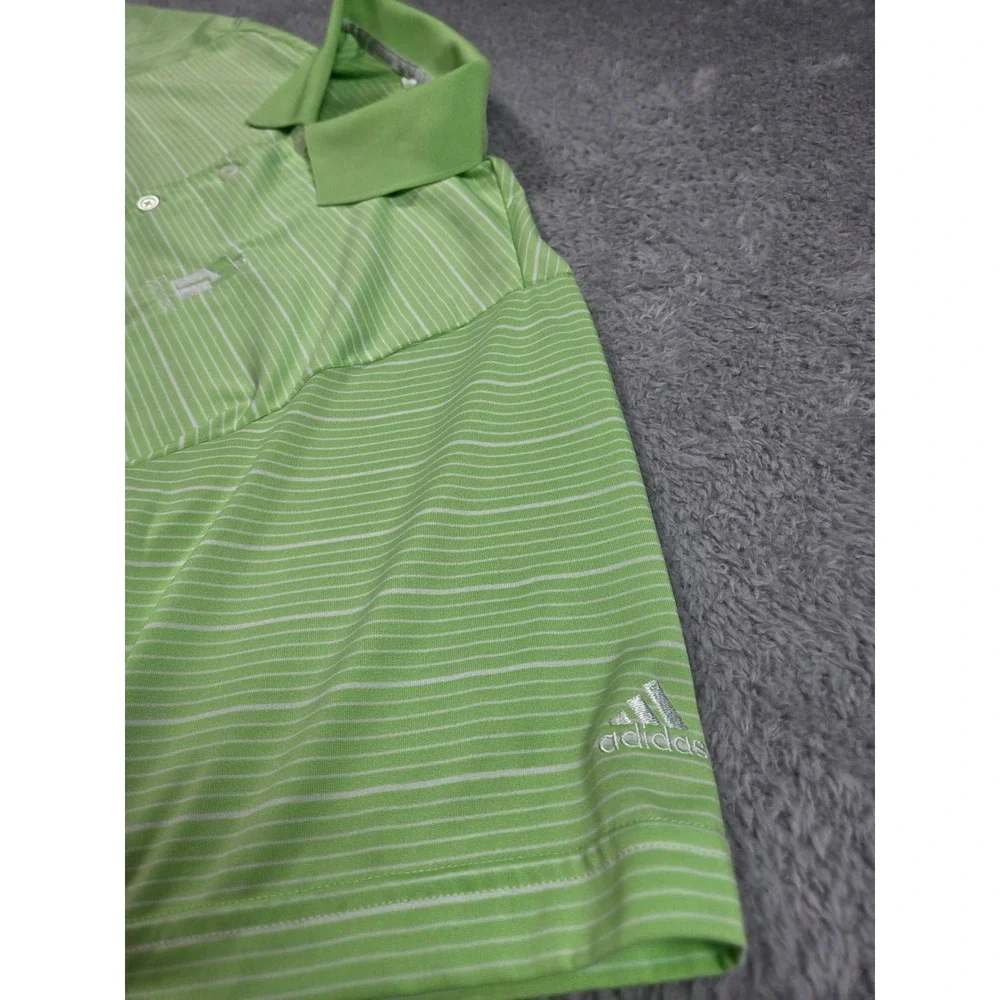 Adidas Golf Polo Shirt M Green Men Striped Climalite Ravines Logo Short Sleeve